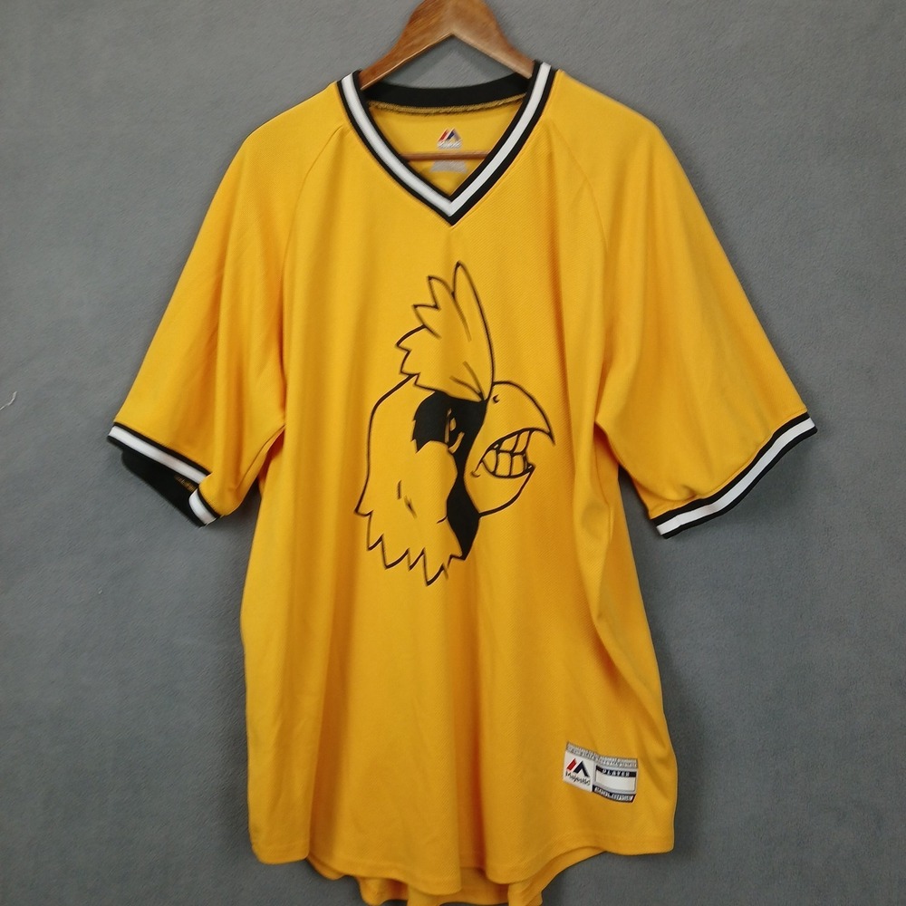 Majestic Baseball Jersey Mens 2XL Yellow Mesh #19 Bird‎ V Neck Running Athletic